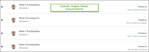 Screenshot of weekly announcements in a Canvas course