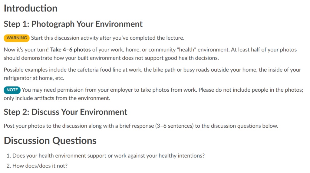 Screenshot of the Photograph your Environment discussion prompt