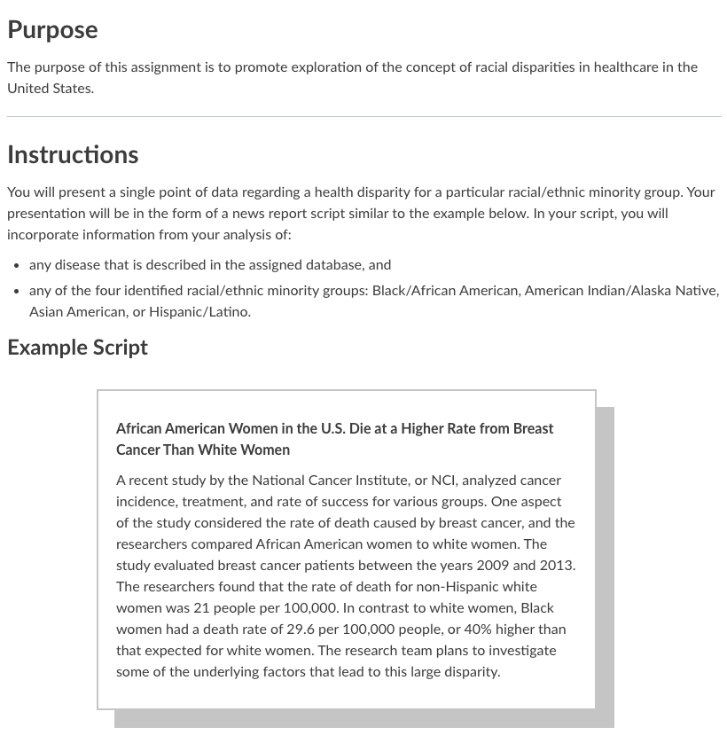 Screenshot of purpose and instructions