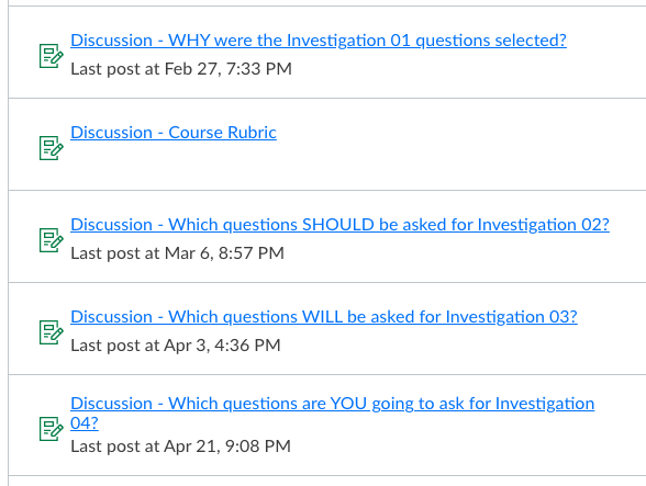 Screenshot of discussion forums in canvas to show the high level structure of the scaffolded discussions.