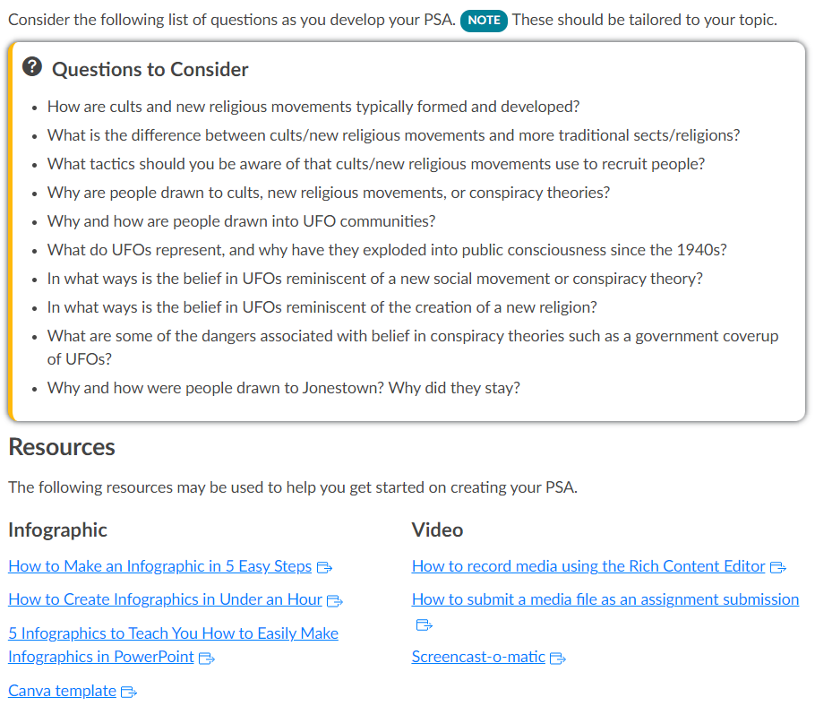 Questions to consider and resources for the PSA assignment