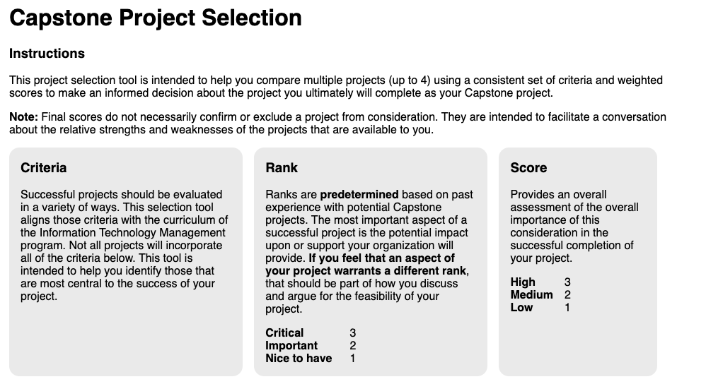 screenshot of capstone selection tool instructions