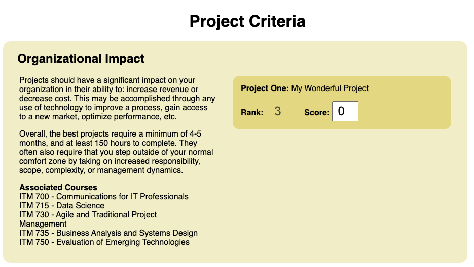 Screenshot of a section of the selection tool where students rank the project criteria of Organizational Impact