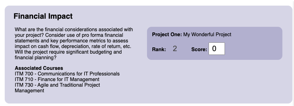 Screenshot of the financial impact section of the capstone selection tool