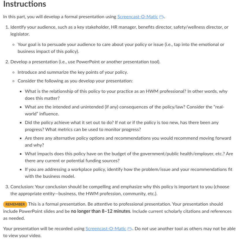 Screenshot of Policy Analysis Instructions