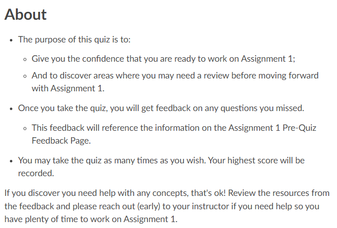 Instructions for the pre-quiz activity, which includes feedback on missed questions