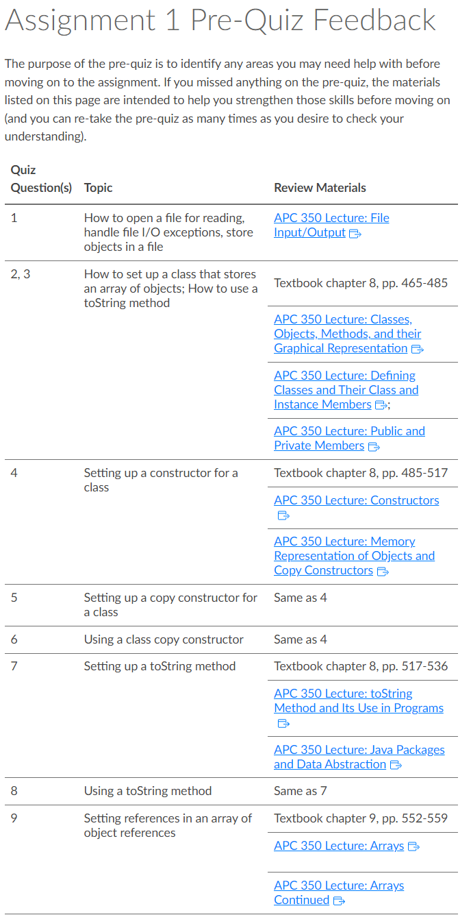 An example of the pre-quiz feedback, which includes materials to review