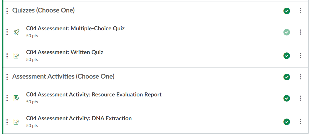 Screenshot of Student Assignment Choices