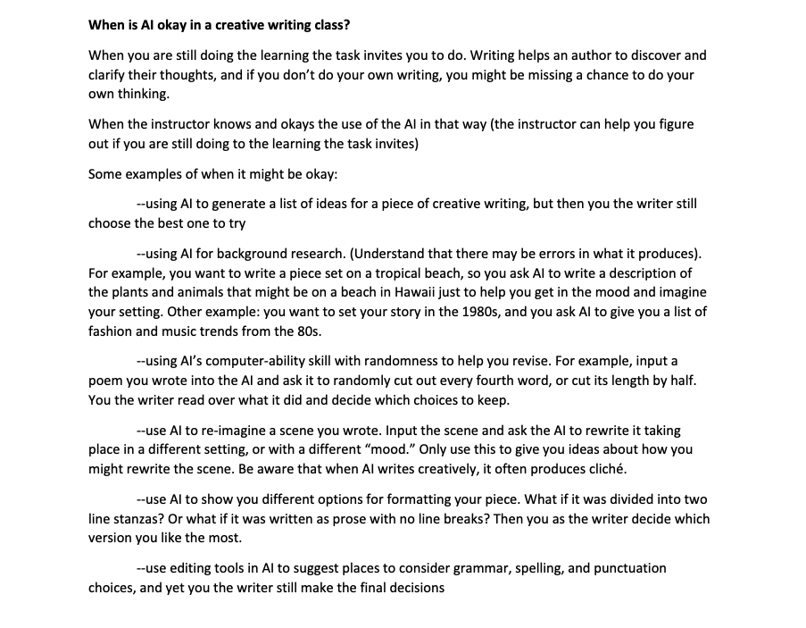 Guidelines on appropriate AI use in creative writing for brainstorming, background research, revision, and formatting.