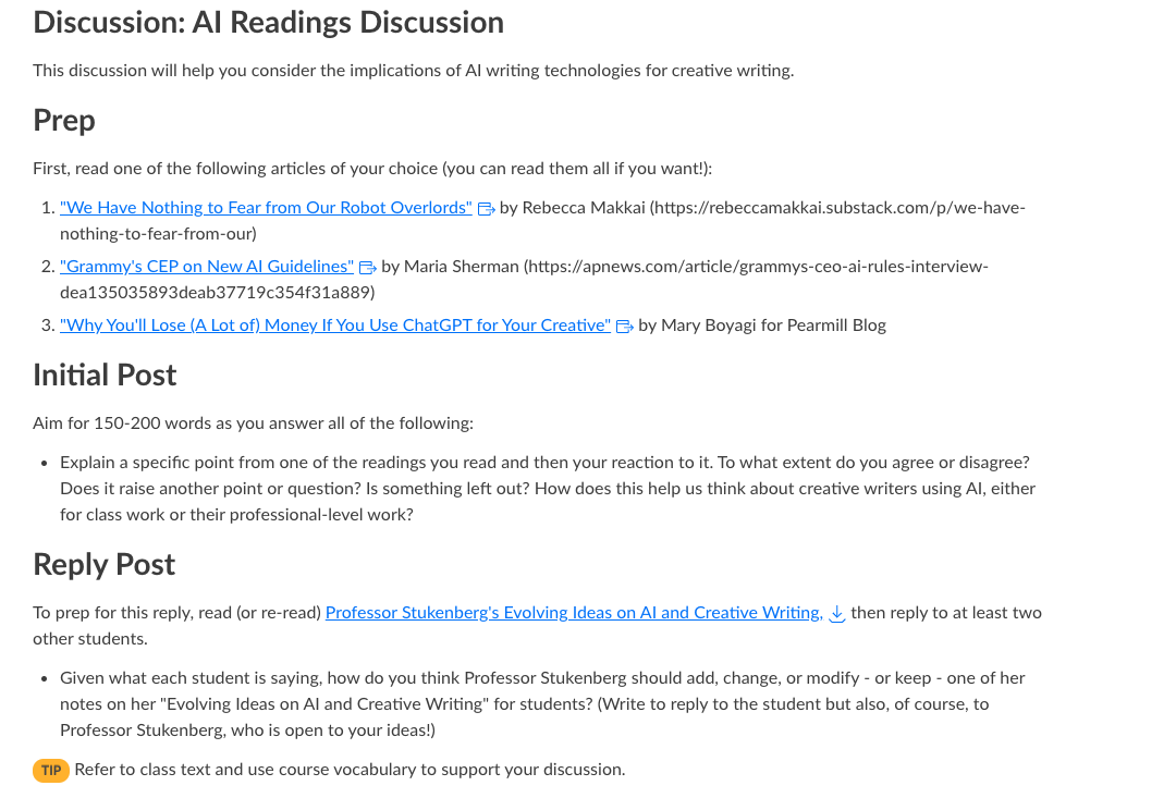 Discussion guide on AI readings: articles, initial post instructions, and reply guidelines for creative writing implications.