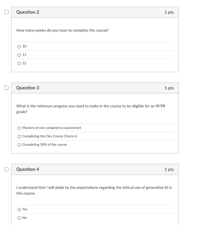 Three quiz questions on course duration, minimum progress for a grade, and agreement on ethical AI use.