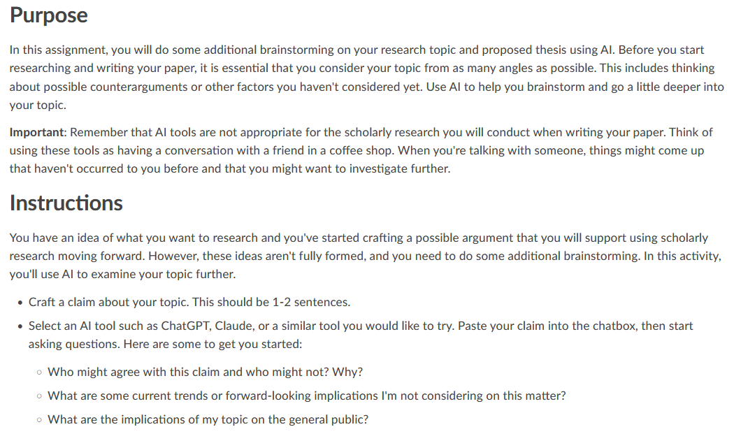 Instructions for using AI tools to brainstorm research topics and refine arguments, with guidance on key questions to explore.