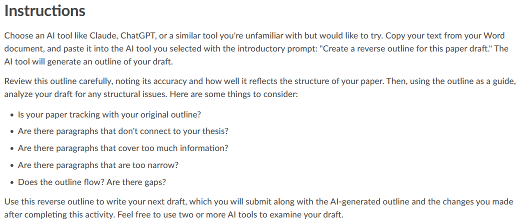 Instructions for using AI tools to create a reverse outline of a paper draft, with guiding questions for analysis.