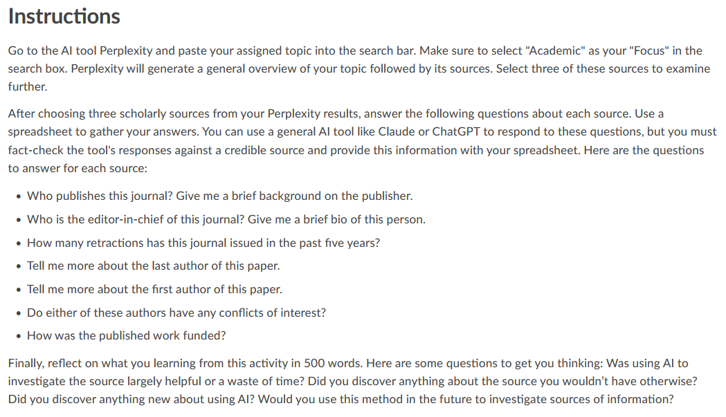 Instructions for using Perplexity and AI tools to analyze scholarly sources, including key questions and reflection prompts.