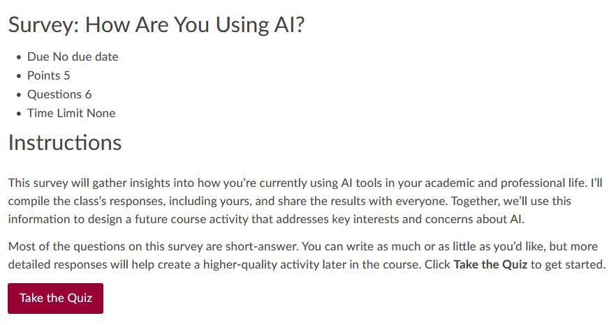 The survey title and instructions are shown as the opening page of a Canvas quiz.