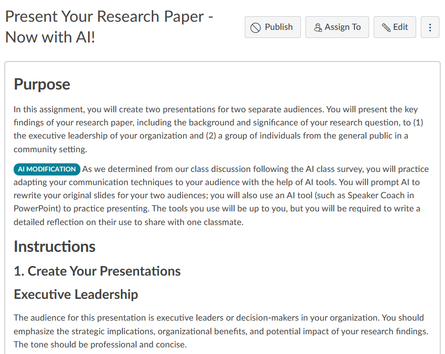 Assignment titled 'Present Your Research Paper - Now with AI!' with purpose, instructions, and audience details.