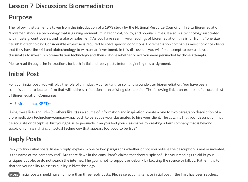 Discussion assignment on bioremediation, requiring students to craft persuasive posts and critique biotechnology claims.