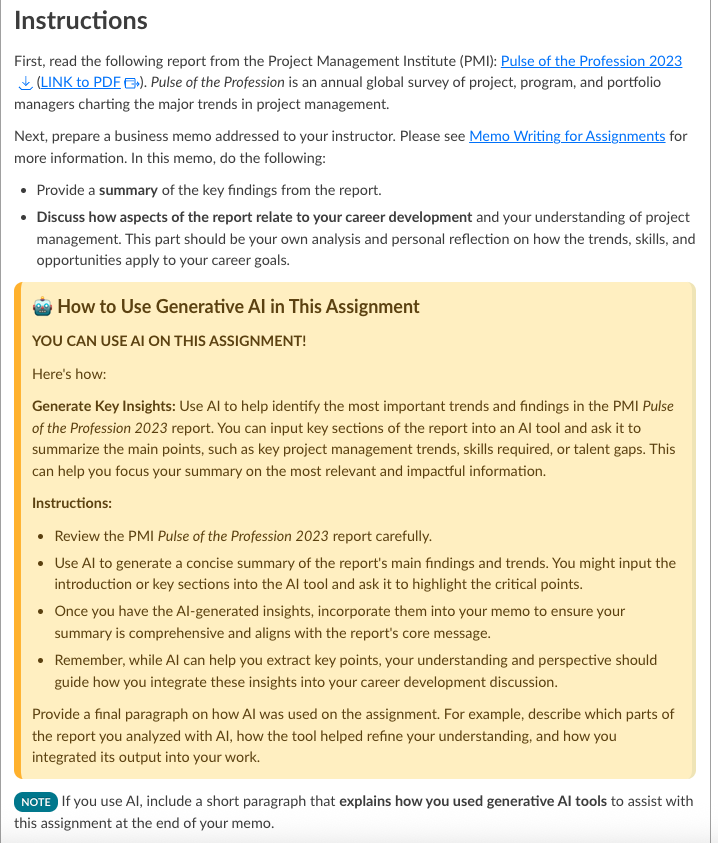 Assignment instructions showing how to use AI tools to summarize a report and reflect on career development.