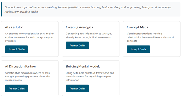 A selection of prompts for students to help them connect new information to existing knowledge by creating custom activities. 