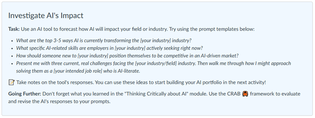 Directions for students to interact with AI about the use of AI tools in their future careers. 