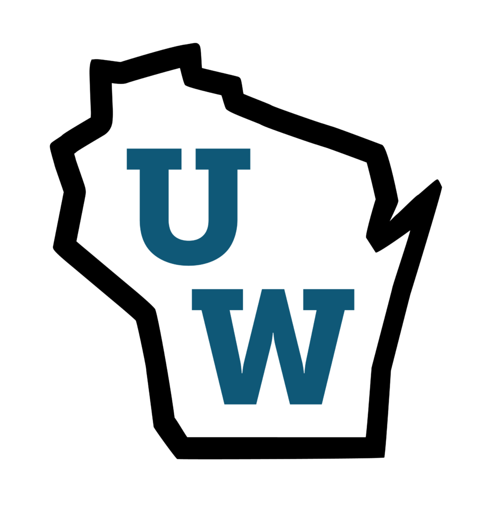 Outline of the state of Wisconsin with "UW" in the middle