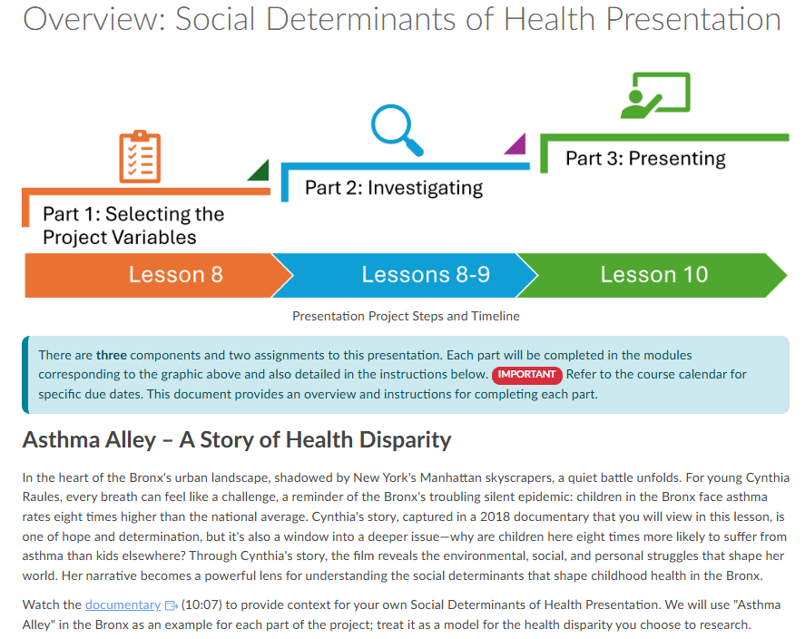 SDOH project timeline: Part 1 variables (L8); Part 2 investigating (L8–9); Part 3 presenting (L10).