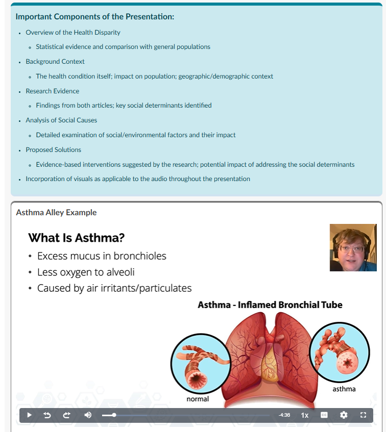 Presentation components list with asthma example slide: inflamed bronchiole vs normal, showing asthma effects.