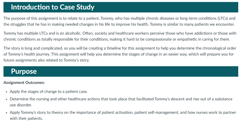 Case study intro: Tommy’s health journey with chronic conditions; assignment purpose and outcomes listed.