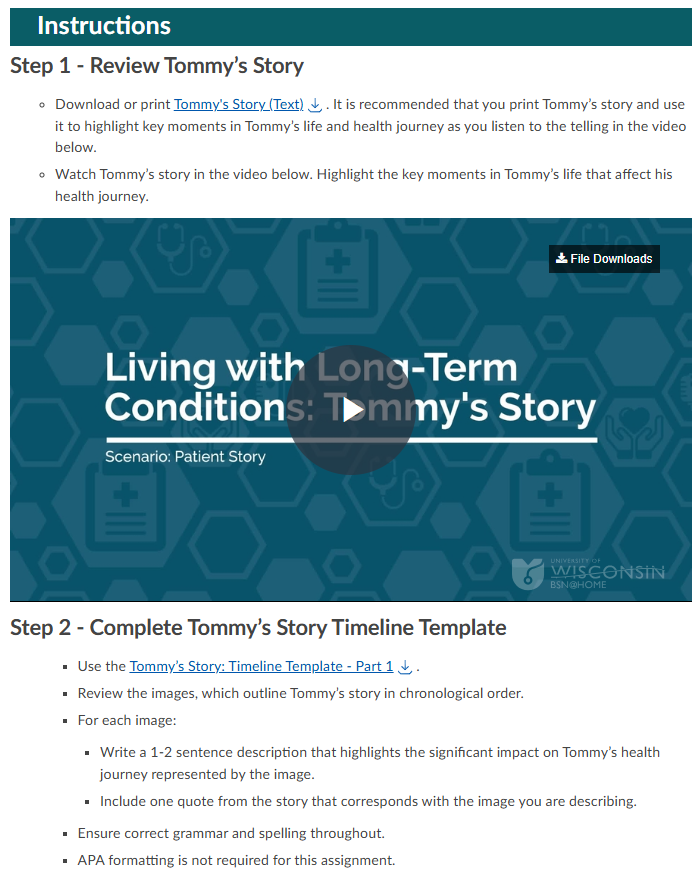 Instructions for Tommy’s Story: review text or video, then complete timeline template with key health journey events.