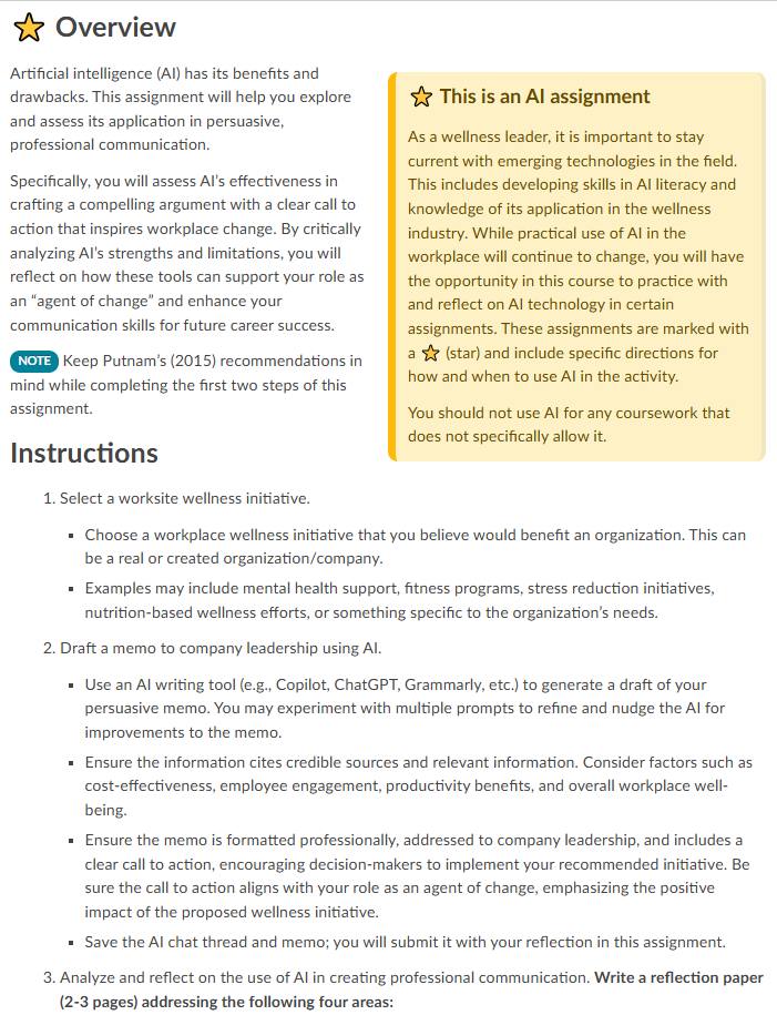 Assignment overview and instructions for AI wellness memo and reflection task.