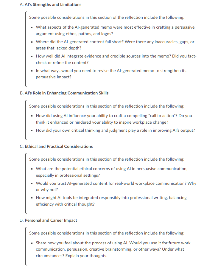 Reflection prompts on AI strengths, communication skills, ethics, and career impact.