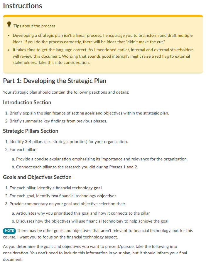 Instructions for developing a strategic plan with intro, pillars, and goals and objectives sections.