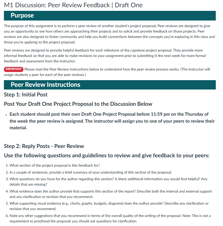 Screenshot of Canvas discussion instructions for M1 peer review, outlining purpose, posting deadline, and guided feedback questions.