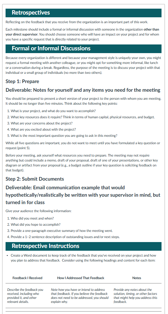 Screenshot of Canvas instructions for capstone retrospectives, outlining preparation steps, discussion requirements, and a feedback tracking table.