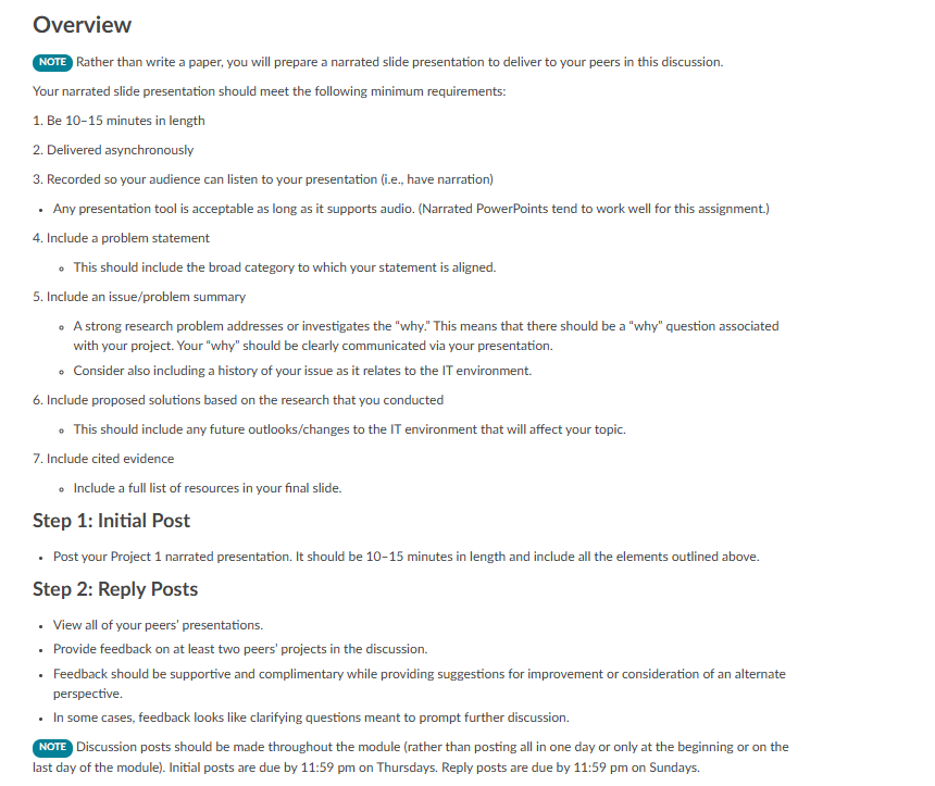 Assignment overview outlining narrated presentation requirements, discussion steps, and posting deadlines.