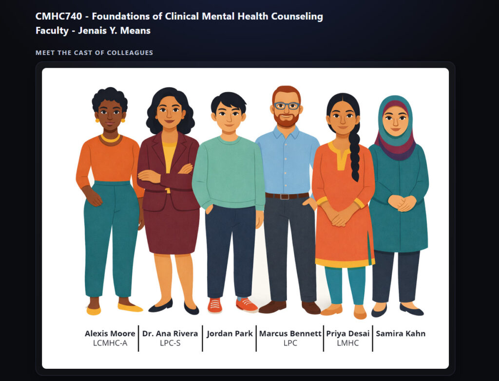 A graphic displaying illustrations of each character in the scenario. Click on the image to go to the webpage of the example.