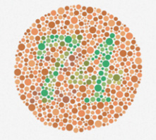 A circular image made up of a series of dots: shades of green dots constituting a numeral in the middle surrounded by shades of red/orange dots.