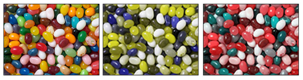Left: Pile of multicolored jelly beans; center: pile of same jellybeans only in shades of blue, green, and white; right: same pile of jellybeans only in shades of red, green, and white.