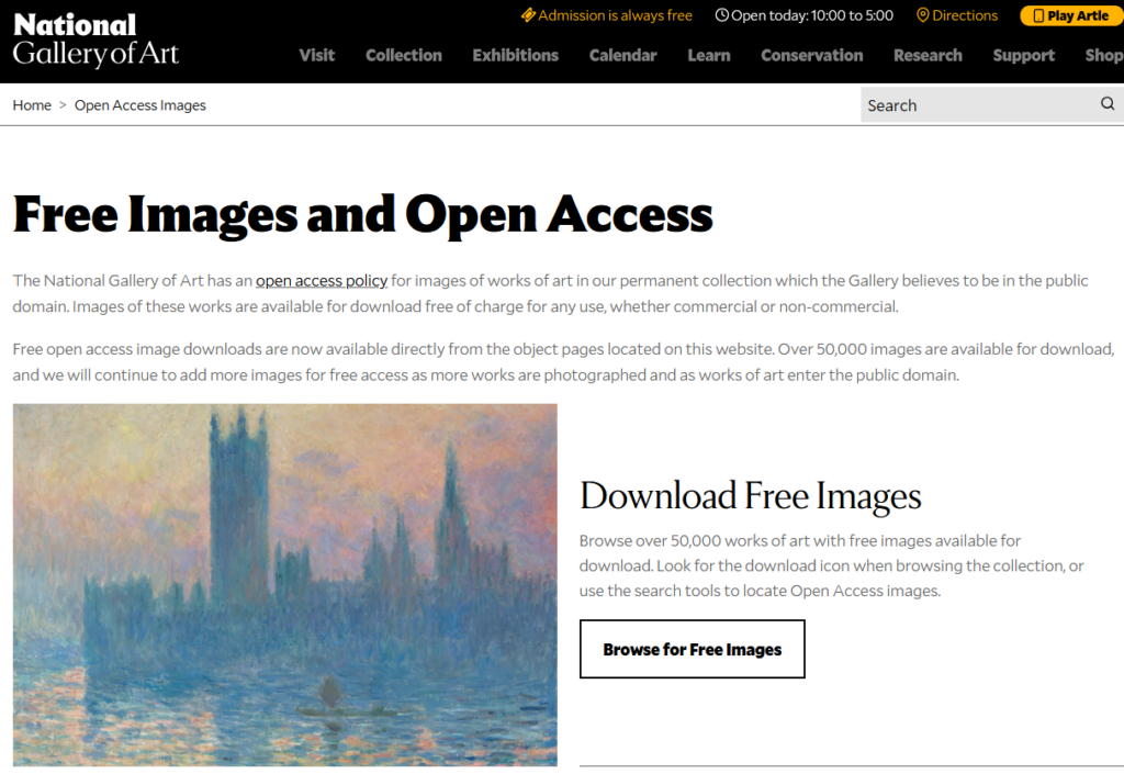 Screenshot of the National Gallery of Art "Free Images and Open Access" landing page