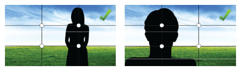 Illustration demonstrating the rule of thirds: Left panel shows a silhouette from knees up positioned in the right third of the frame; right panel shows a head-and-shoulders silhouette positioned in the left third of the frame.