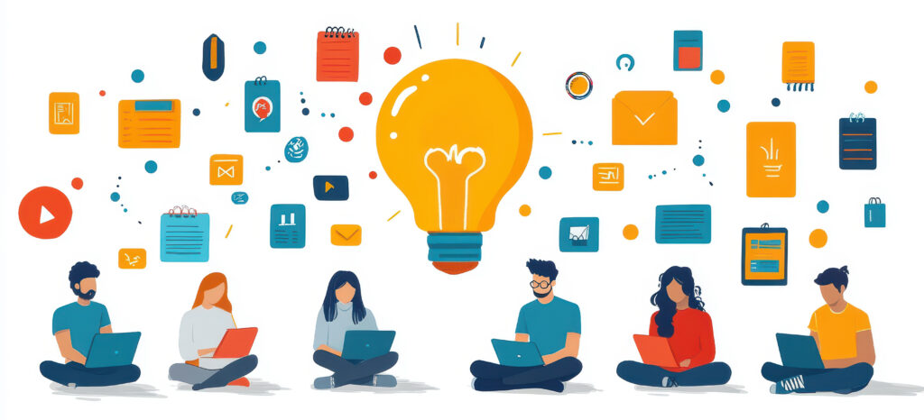 A vibrant illustration depicting students engaging on laptops, symbolizing an online platform for collaboration, idea sharing, and creative learning experiences.