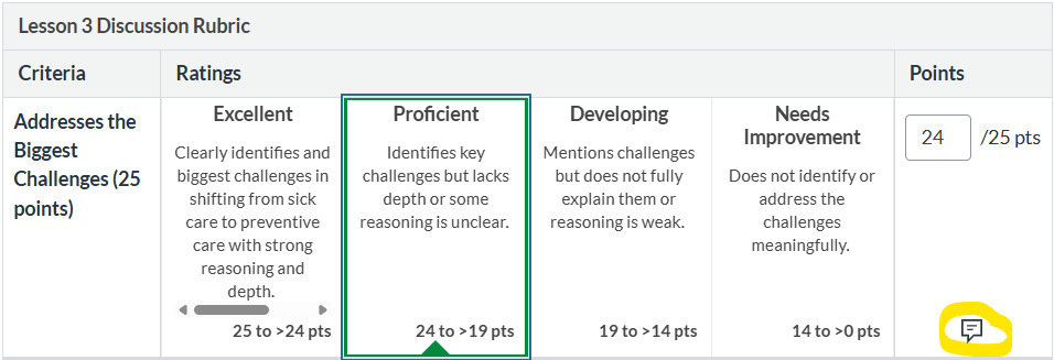 A grading rubric table titled "Lesson 3 Discussion Rubric" for the criterion "Addresses the Biggest Challenges (25 points)." Four rating levels range from Excellent (25–24 pts) to Proficient (24–19 pts, currently selected), Developing (19–14 pts), and Needs Improvement (14–0 pts), each with a brief descriptor. A score of 24/25 is recorded.