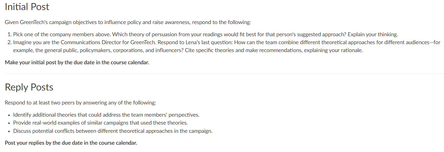 Screenshot of discussion instructions