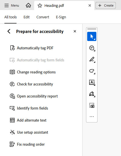 Screenshot of menu under "Tools," "Prepare for Accessibility," then "Automatically tag PDF"