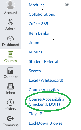 Left-hand Canvas navigation bar showing link with the words "Accessibility Checker (UDOIT)"