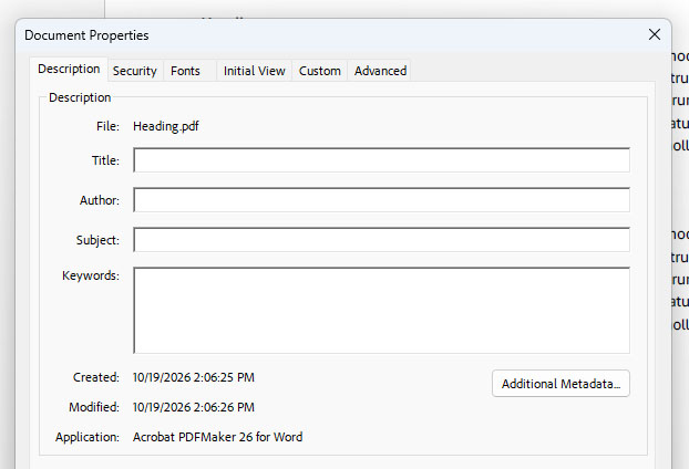 Screenshot of "Document Properties" window in Adobe Acrobat Pro with "Title" field.