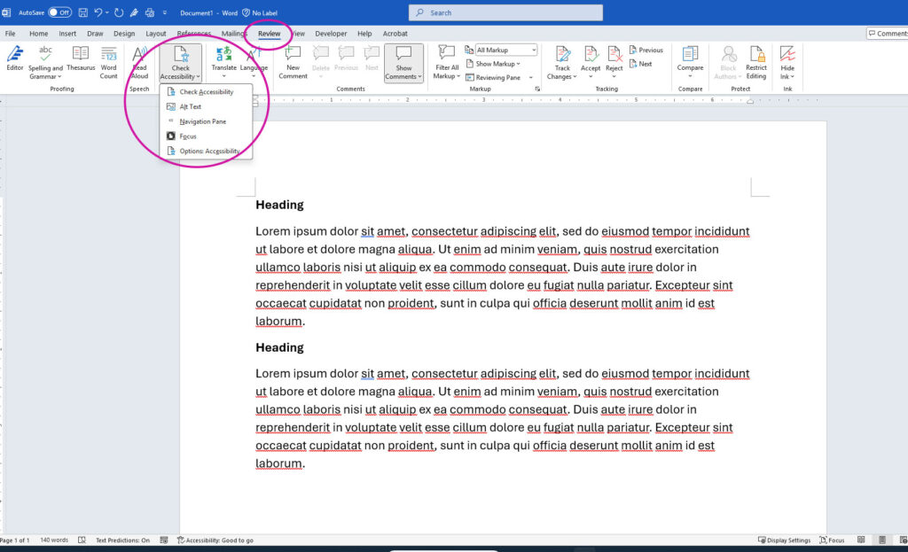 Screenshot showing that "Check Accessibility" tool in Word is under the "Review" tab, then "Check Accessibility"