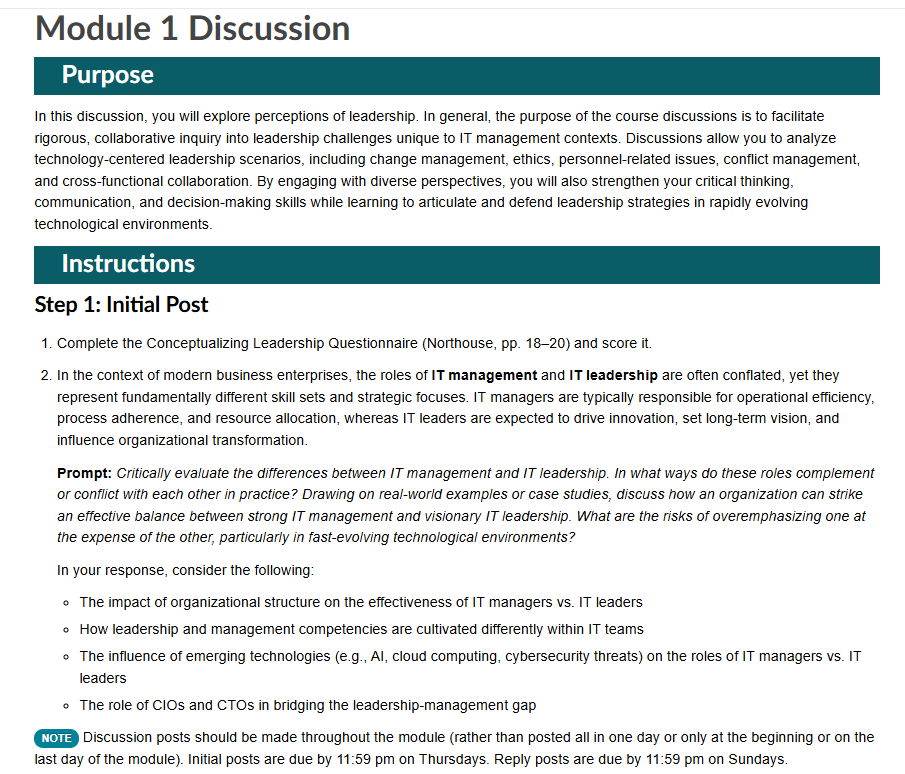 Module 1 Discussion page with purpose and initial-post instructions comparing IT management and IT leadership.