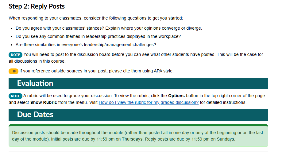 Discussion instructions showing reply-post questions, evaluation details, and Thursday and Sunday due dates.